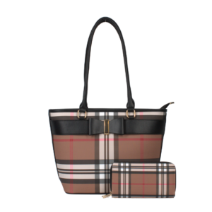 2497 APR/BK Plaid Pattern Fashion Handbag 2 N 1