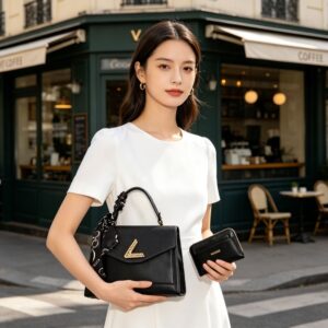 PU907-M2 BK FASHION SMOOTH TEXTURE SCARF HANDLE SATCHEL W WALLET SET