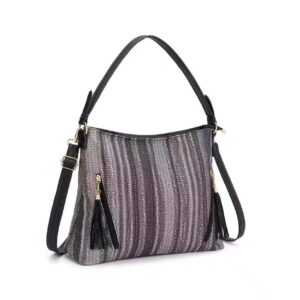 2130 BK Soft Fabric Striped Woven Texture Hobo Bag