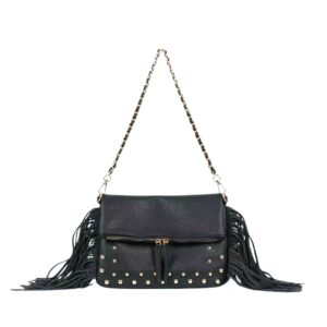 221 BK Round Stud Fringe Fashion HandBag