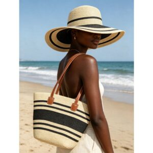 SH8572-5 BG New Single Shoulder Straw Braided Hat and Beach Bag Set
