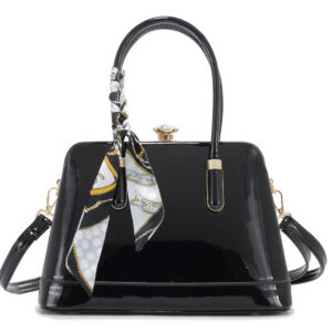 T3776 BK Patent Leather Shell Handbag with Twilly Scarf