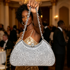 LAY462 SL Rhinestone-Encrusted Curved Shell Shape Clutch Bag