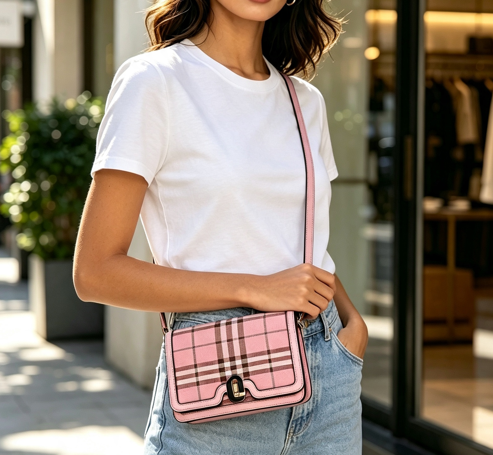 196-A PK Plaid Pattern Crossbody Bag