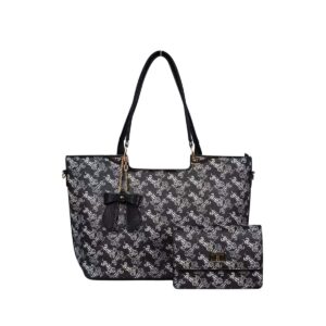 5270 BK Vintage Print Tote Bag Set With Matching Pouch