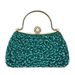 LA8264 GN Crystal Diamond Top Handle Embellished Evening Clutch Bag
