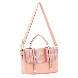 633 PK Faux Straw Print Flap Fashion HandBag