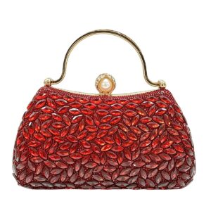 LA8264 RD Crystal Diamond Top Handle Embellished Evening Clutch Bag