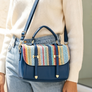633 BL Faux Straw Print Flap Fashion HandBag