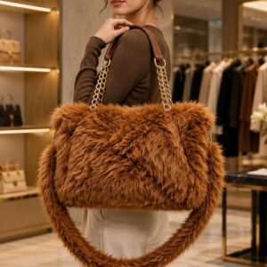 B1190 TAN Fluffy Chain Tote Bag