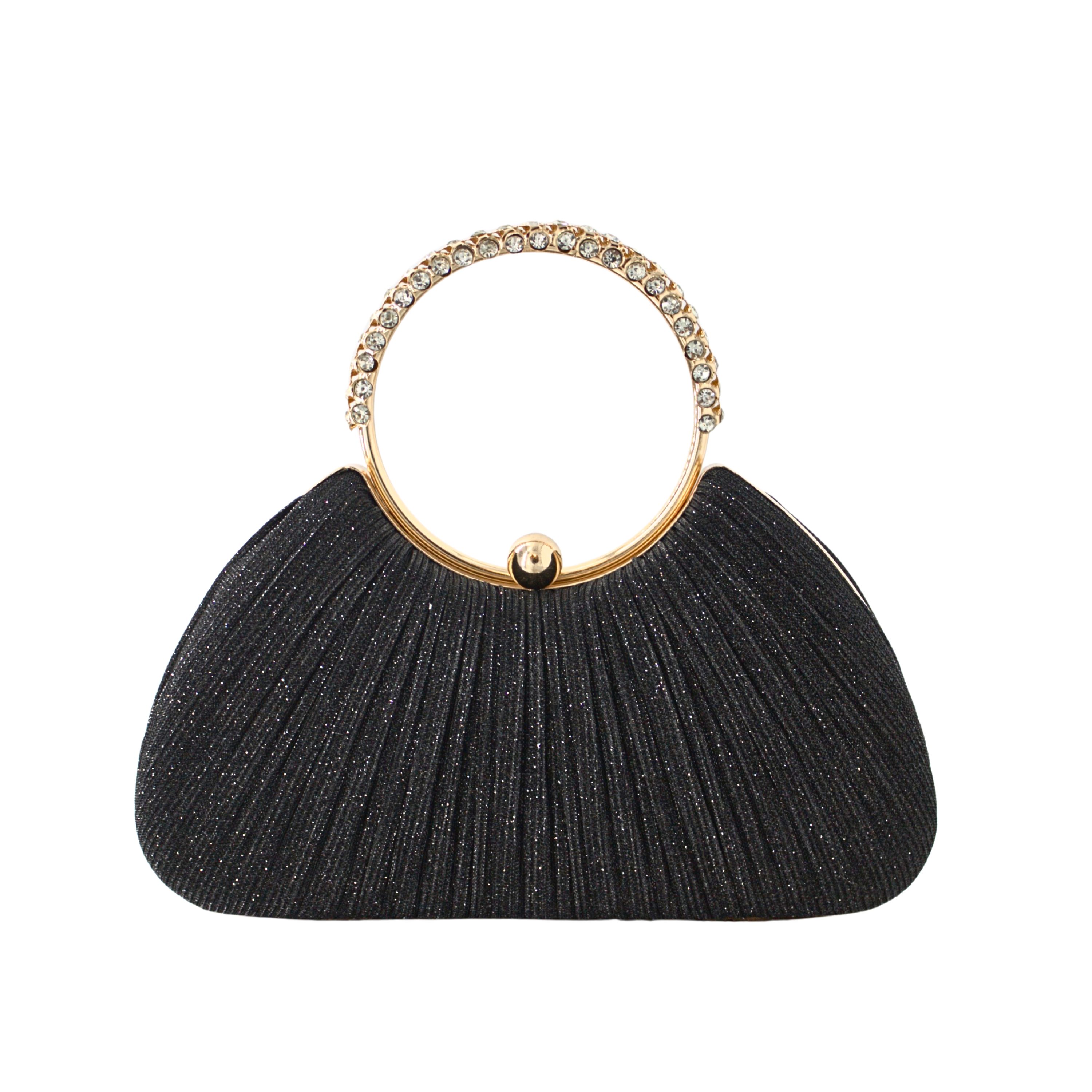 32073 BK Rhinestone Ring Handle Pleated Evening Clutch