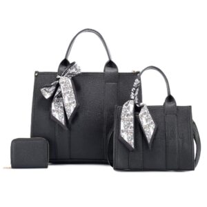 L2011  BK  Embossed Letter Tote Trio with Printed Silk Scarf 3N1