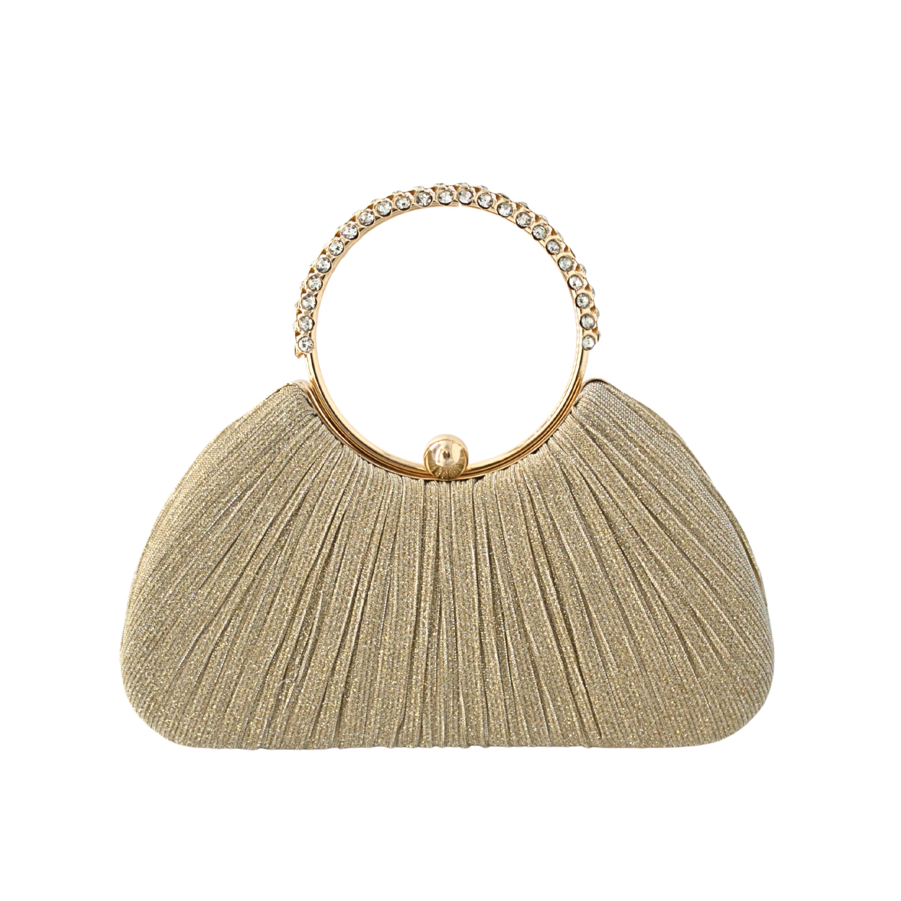 32073 GD Rhinestone Ring Handle Pleated Evening Clutch