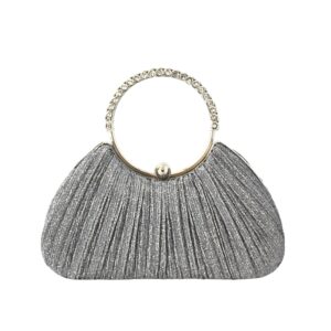 32073 GY Rhinestone Ring Handle Pleated Evening Clutch