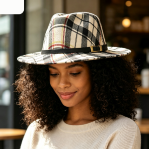 H3201 BG Belt Band Accented Plaid Check Patterned Fedora Hat