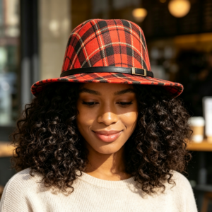 H3201 RED Belt Band Accented Plaid Check Patterned Fedora Hat