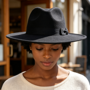 HA320042 BKBK Bow Belt Wide Rim Felt Fedora