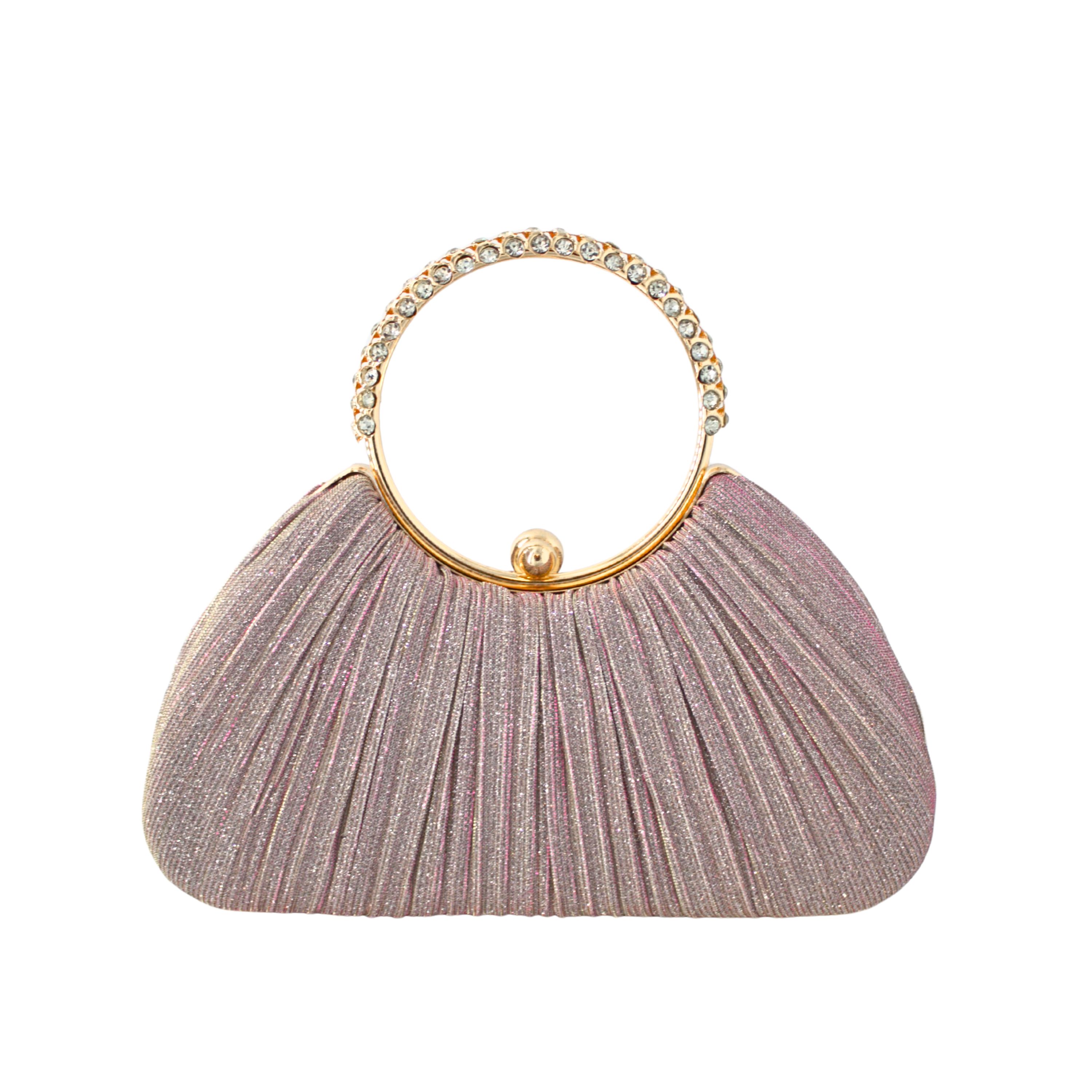 32073 PK Rhinestone Ring Handle Pleated Evening Clutch - Image 2