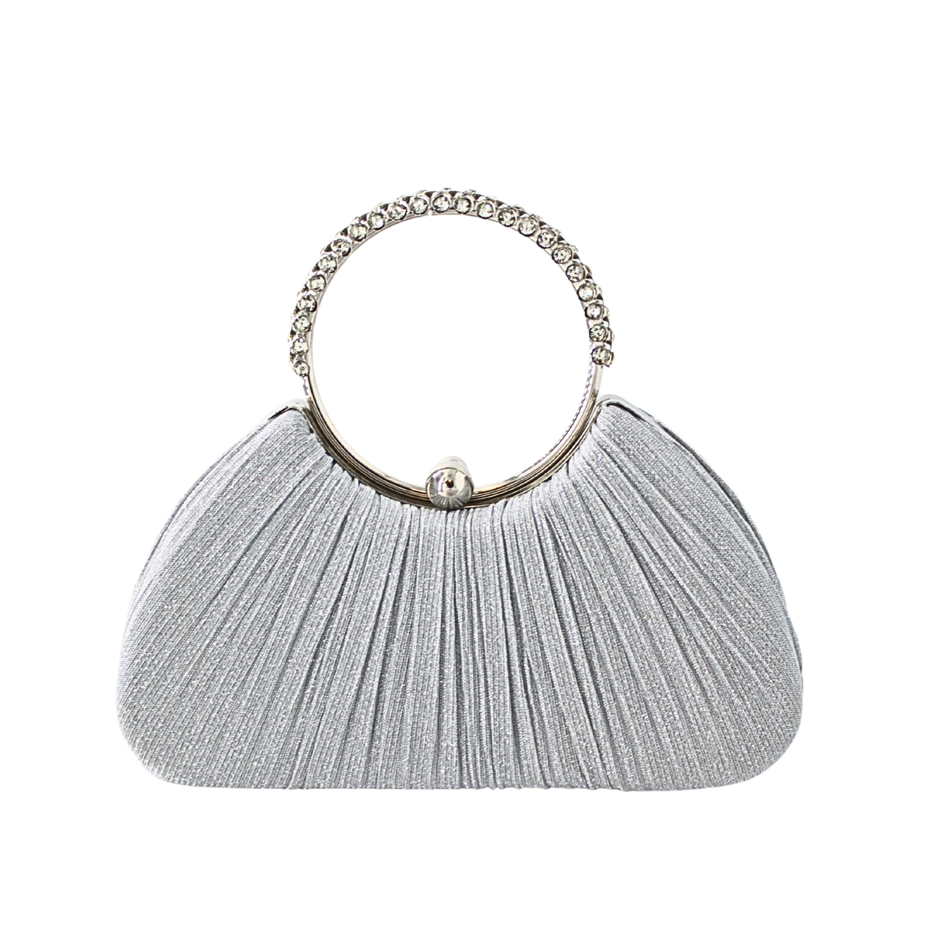32073 SL Rhinestone Ring Handle Pleated Evening Clutch