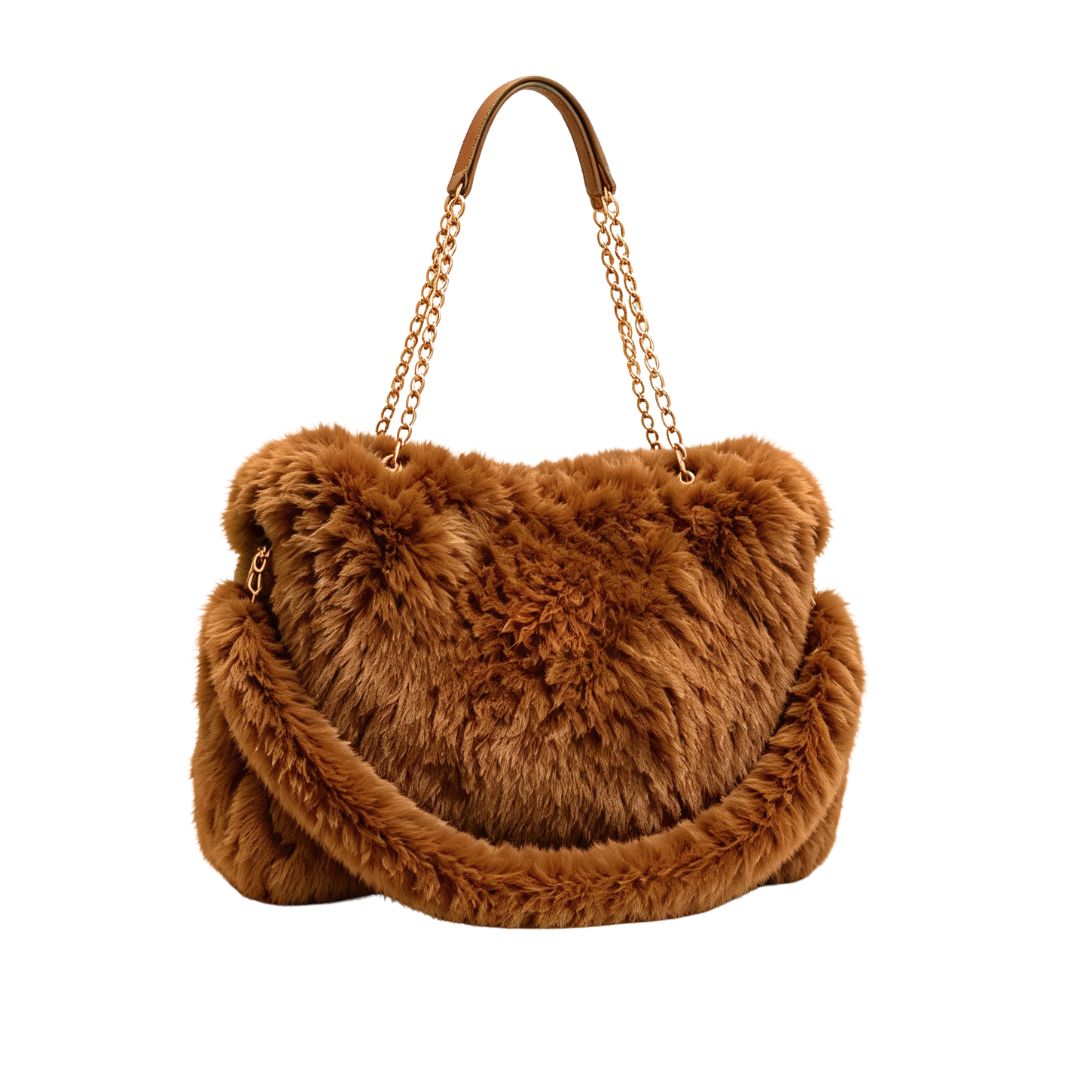 B1190 TAN Fluffy Chain Tote Bag - Image 2